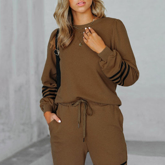 Casual Women Fashion Solid Long Sleeve Loose Stripe Sweatshirt Pants Set