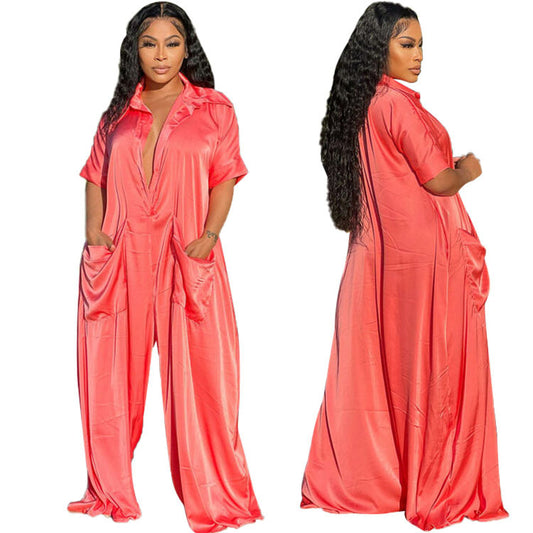 Women Casual Summer Elegant Short Sleeves Fashion Satin Solid Color Loose Jumpsuits