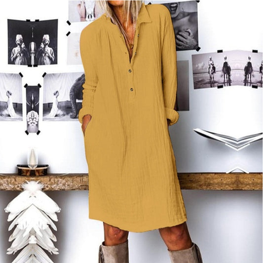 Women Solid Color Casual Basic Loose Long-Sleeved Shirt Dress