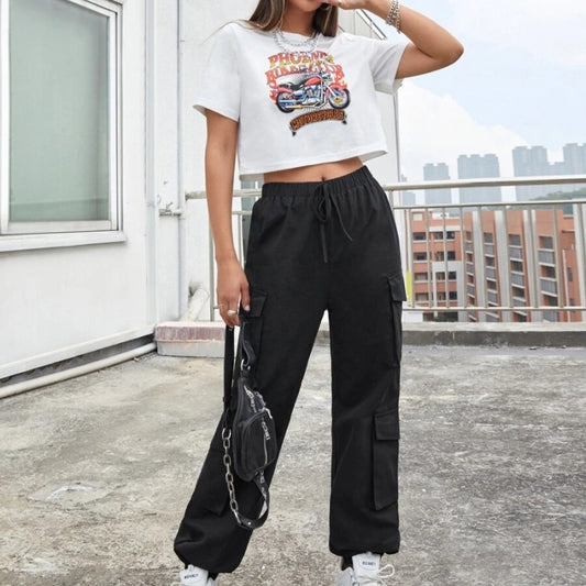 Pantalones deportivos casuales sueltos de cintura alta elásticos de color sólido para mujer