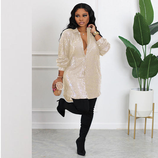 Women Fashion Casual Loose Solid Color Sequin Lapel Long Shirt Blouse