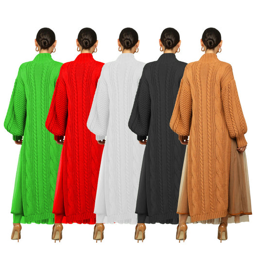 Women Fashion Casual Solid Color Sweater Split Mesh Skirt Two Pieces Set