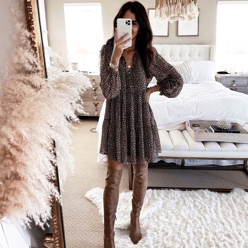 Vestido informal con estampado de leopardo y mangas abullonadas con cuello en V para mujer