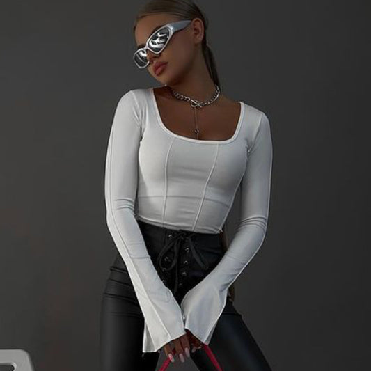 Camiseta informal de manga larga con cuello cuadrado y color liso para mujer