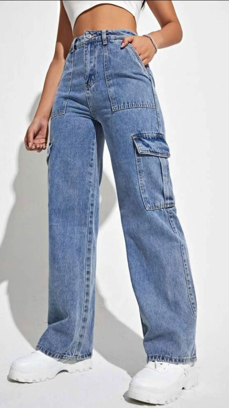 Women Fashion Casual Loose Straight Denim Cargo Pants