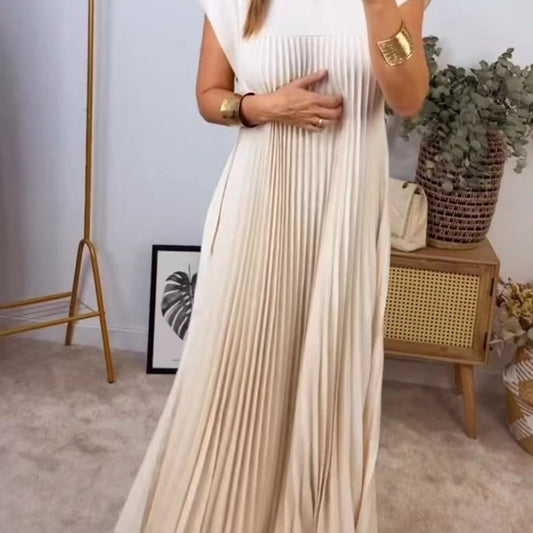 Women Fashion Casual Round Neck Short Sleeve Pleated Maxi Dress