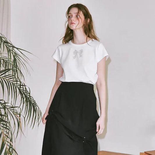 Camiseta informal de manga corta con lazo y diamantes de imitación para mujer