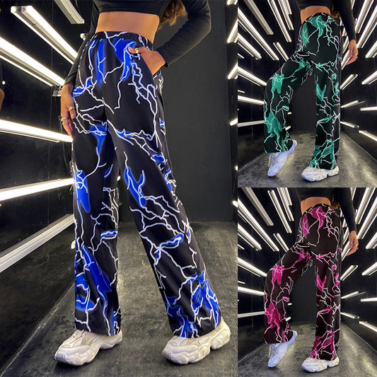Pantalones rectos holgados con estampado de relámpagos para mujer