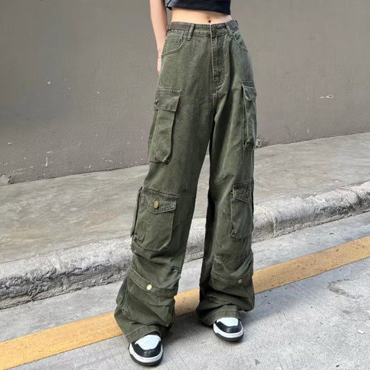 Pantalones anchos multibolsillos holgados informales de moda para mujer