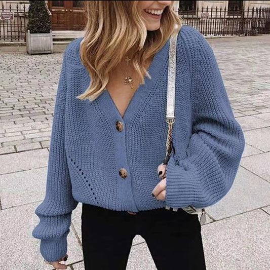 Women Casual Solid Color Long Sleeves V Neck Knitted Cardigan Autumn Sweater Coat