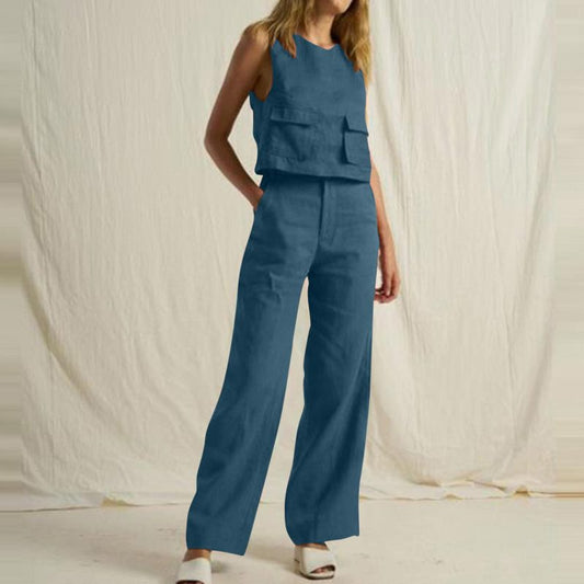 Conjunto de dos piezas informal de moda para mujer, sencillo, de color sólido, sin mangas, con bolsillos y pantalones