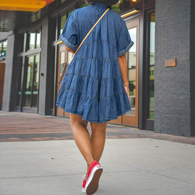 Vestido vaquero tutú de manga corta con solapa y botonadura sencilla, informal, de talla grande, para mujer