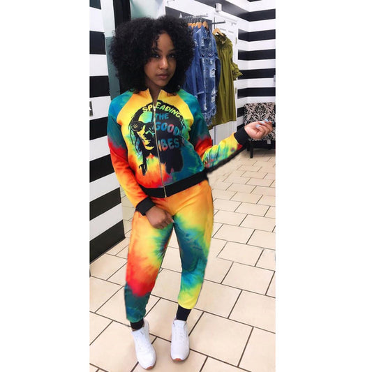 Conjunto de dos piezas informal de moda para mujer, con top y pantalón de manga larga con cremallera y estampado tie-dye