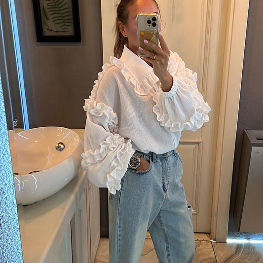 Camisa informal de manga farol con encaje de color liso a la moda para mujer