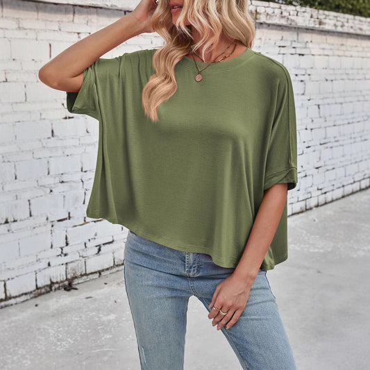 Women Casual Loose Solid Color Bat Sleeve Short Sleeve T-Shirt