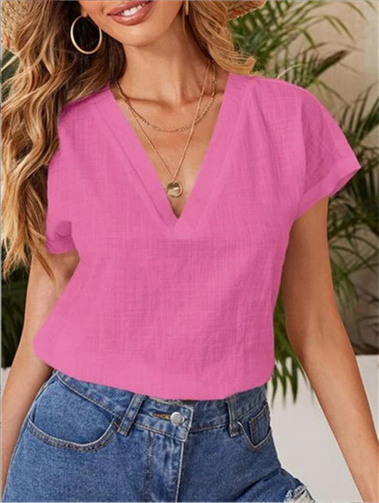 Blusa informal de verano para mujer, de color liso, holgada, de manga corta y cuello en V