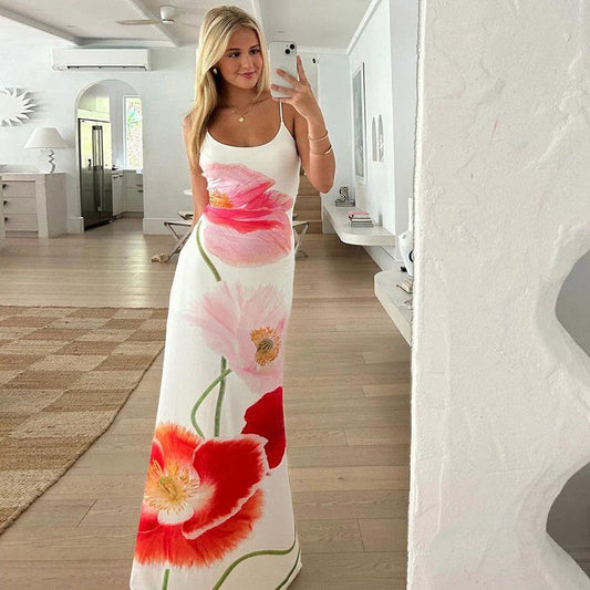 Women'S Casual Floral-Print Halter-Back Maxi Dress