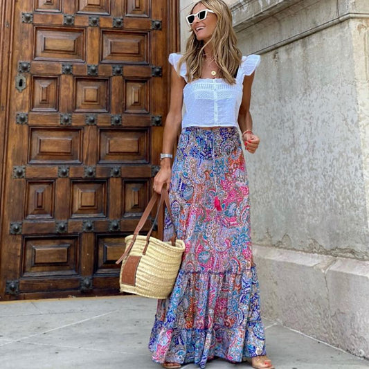 Falda estampada vintage informal para mujer, estilo bohemio, para vacaciones