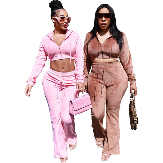 Conjunto deportivo informal de dos piezas para mujer, de terciopelo, con capucha y pantalones cortos de manga larga