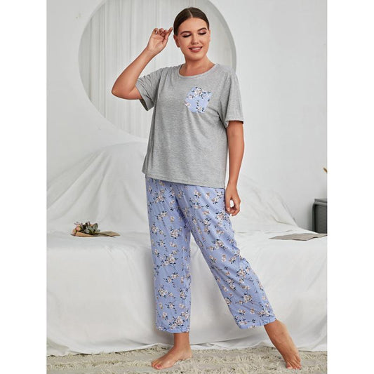 Conjunto de pijama informal de manga corta y pantalón para mujer, talla grande