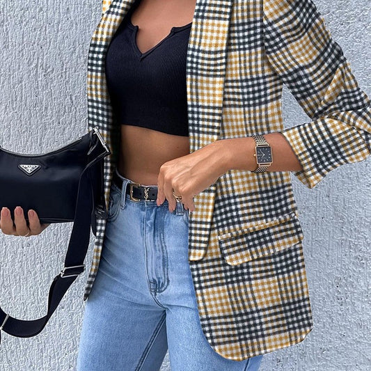 Chaqueta de traje de manga larga con estampado a cuadros sexy e informal para mujer