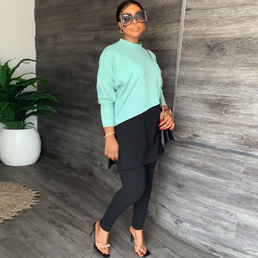 Women Casual Long-Sleeved Round Neck Loose Color-Blocking Sweatshirt Pants Two-Piece Set