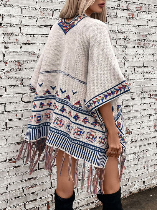 Capa con borlas de jacquard geométrico informal a la moda para mujer, estilo occidental, otoño e invierno