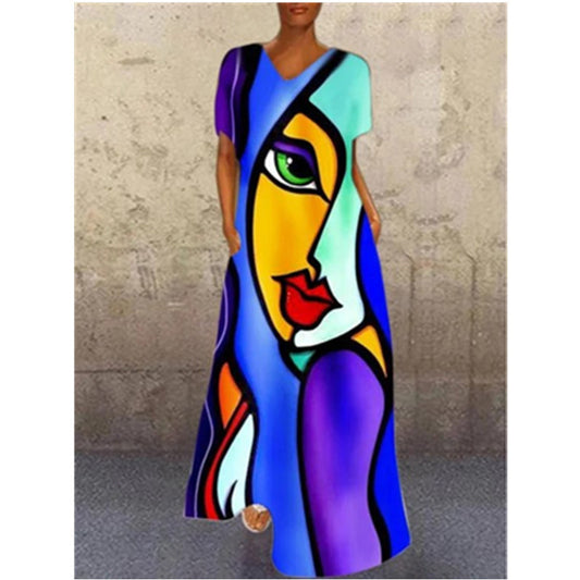 Vestido informal de verano vintage de manga corta holgado con estampado de personajes y cuello en V para mujer
