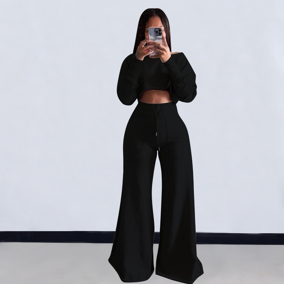 Conjunto de dos piezas de top corto de manga larga y pantalones ajustados de color liso informal para mujer