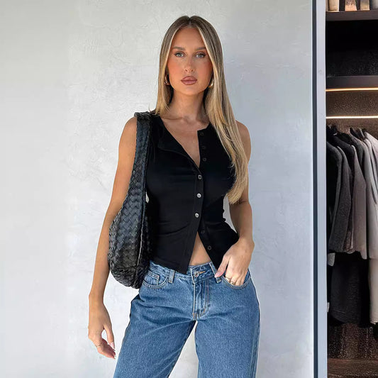 Camiseta sin mangas informal de color liso con botonadura sencilla para mujer
