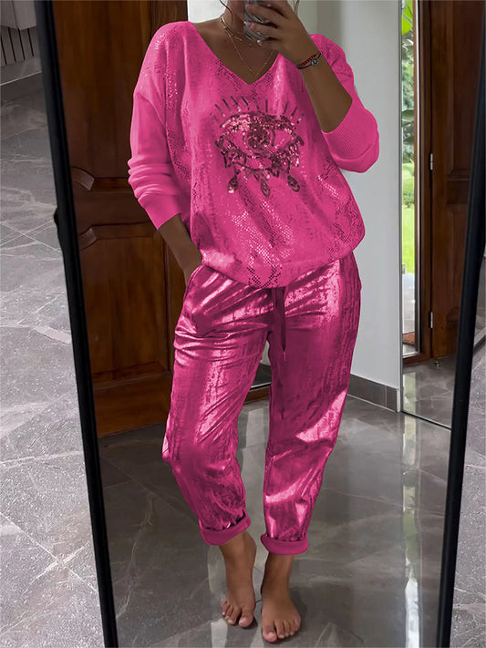 Conjunto de top y pantalón bronceador con efecto ojo malvado para mujer, informal, a la moda, brillante