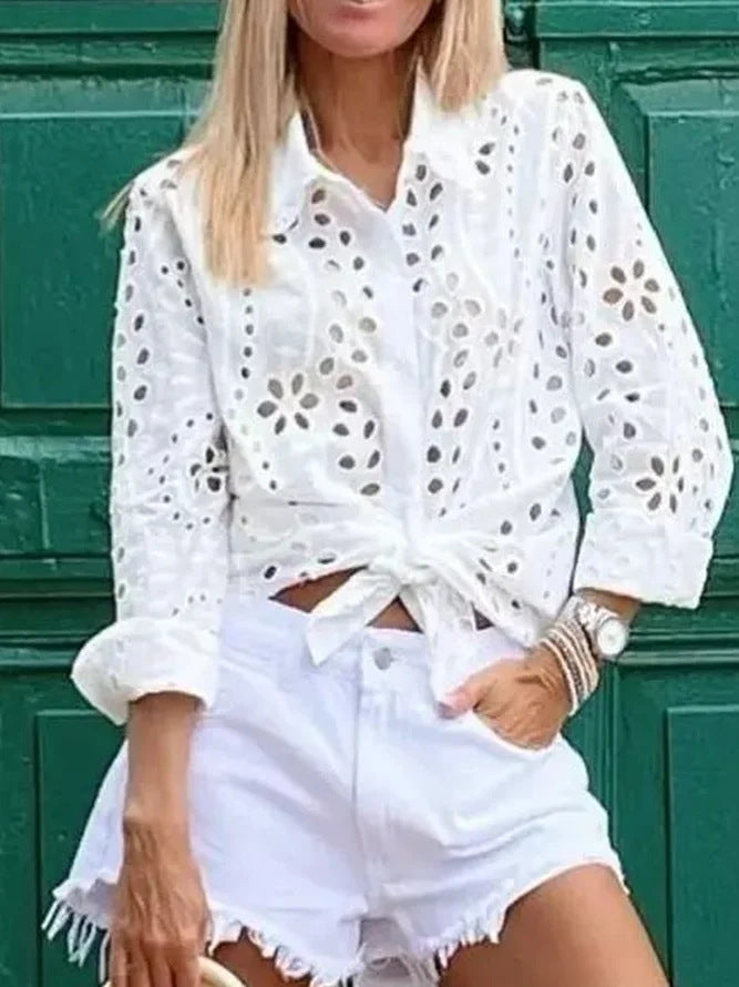 Camisa informal de manga larga hueca a la moda para mujer