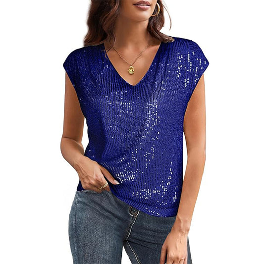 Blusa informal de manga corta con escote en V y lentejuelas de color liso para mujer