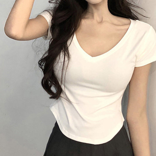 Camiseta informal de manga corta con cuello en V y color liso para mujer