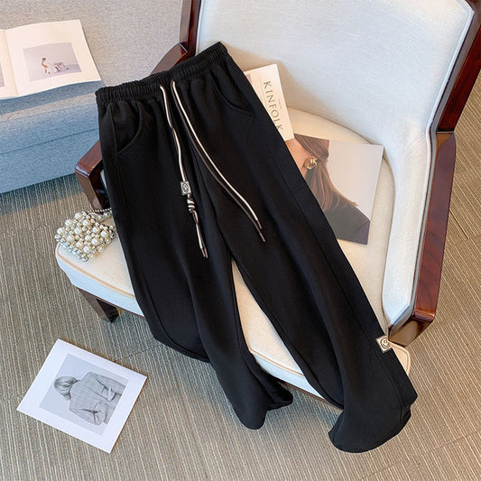 Women Fashion Casual Plus Size Solid Color High Waist Drawstring Pants