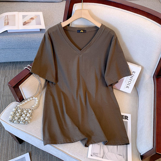 Camiseta informal de verano para mujer, color liso, cuello en V y manga corta