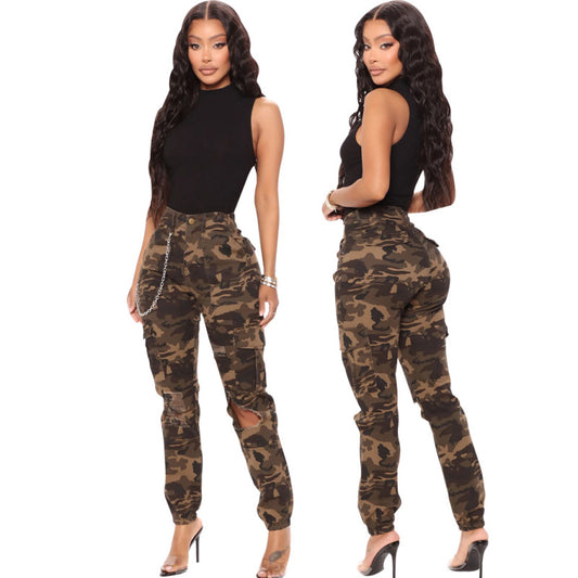Pantalones rotos de cintura alta informales con estampado de camuflaje a la moda de verano para mujer