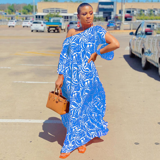 Summer Women Fashion Casual Oblique Shoulder Geometric Print Loose Maxi Dress