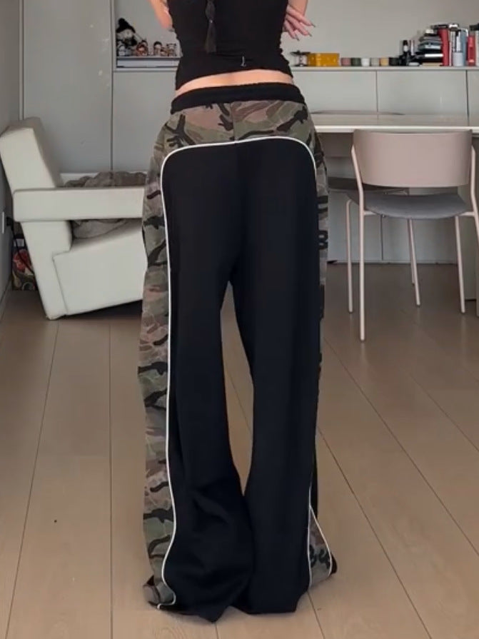 Pantalones holgados con cordón y costuras de camuflaje informales a la moda para mujer