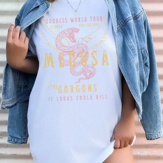 Women Casual Loose Letter Wings Snake Print Round Neck Short Sleeve T-Shirt