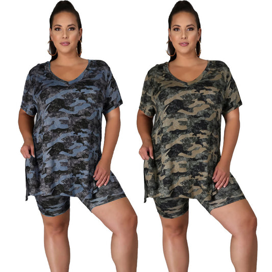 Conjunto de dos piezas de pantalones cortos de camuflaje holgados e informales con estampado de verano de talla grande para mujer