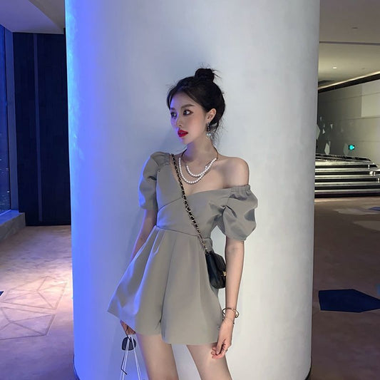 Women Chiffon Lantern Sleeve Casual V-Neck Short Sleeve Rompers