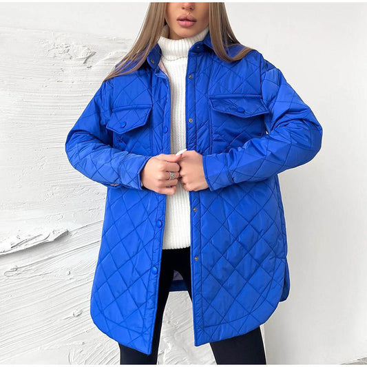 Chaqueta acolchada holgada informal de color liso con mangas largas y solapas cruzadas para mujer