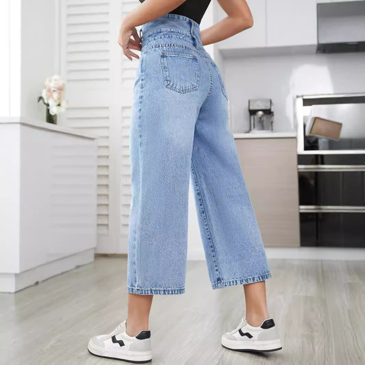 Vaqueros rectos de cintura alta informales a la moda para mujer