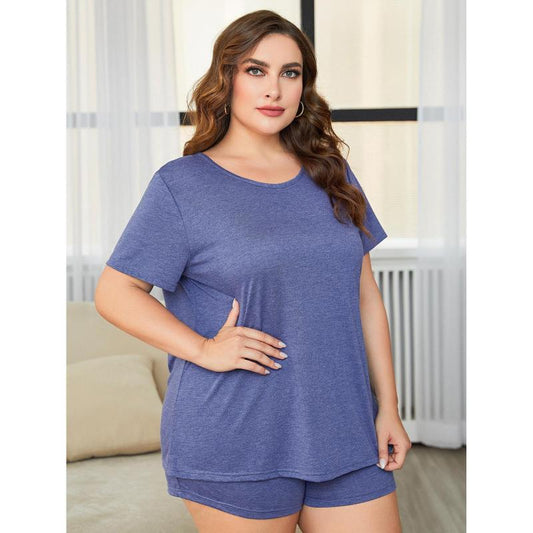 Conjunto de pijama informal de talla grande para mujer, color liso, cuello redondo, manga corta, pantalones cortos, para el hogar