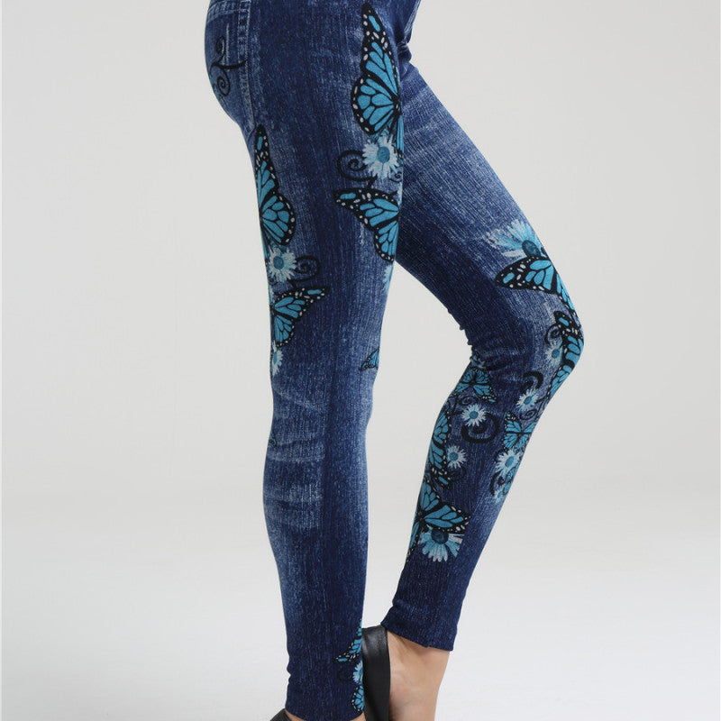 Women Print Butterfly High Waist Slim Casual Pants