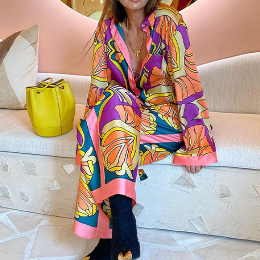 Camisa de manga larga con estampado informal para mujer, blusa y pantalones, traje de estilo étnico