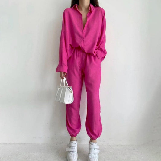 Conjunto de dos piezas de camisa de manga larga con solapa de color liso para mujer, pantalones bombachos y pantalón informal