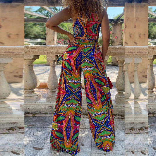 Women Casual Fashion Vacation Boho Sleeveless Printing Wide Leg Jumpsuit
