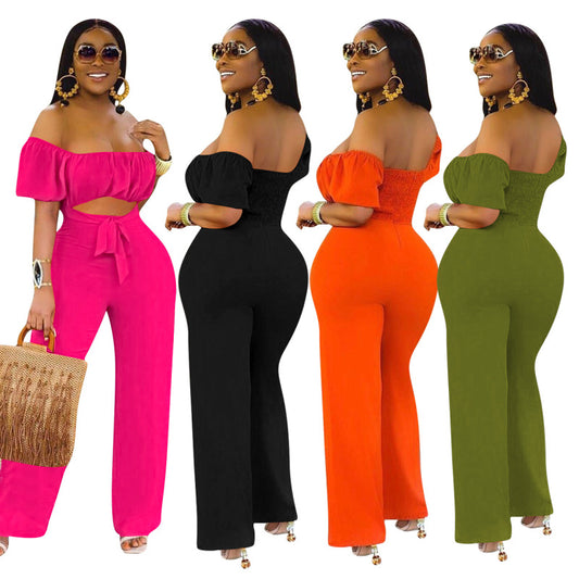 Women Solid Color Backless One-Shoulder One-Piece Casual Wide-Leg Jumpsuit